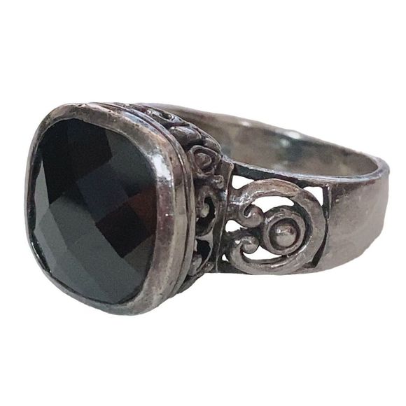 VTG 925 Sterling Silver Faceted Onyx Scroll Filigree Ring Size 6.75 Wide Band - Picture 5 of 11